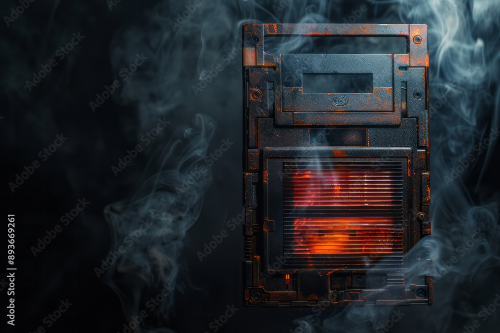 Poster abstract image of a floppy disk with a ghostly effect, on a black backdrop,