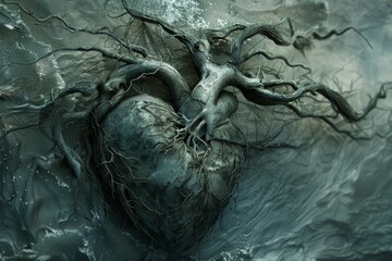 Obraz premium Heart Entwined with Roots: A Dark and Surreal Art