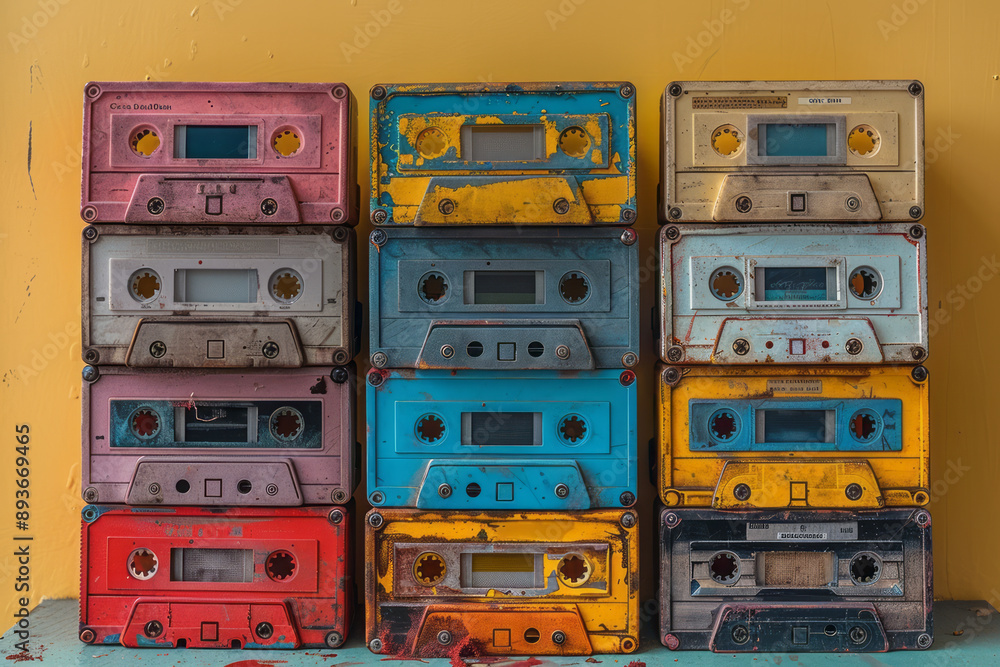Poster simple yet surreal depiction of a stack of retro cassette tapes arranged in a geometric pattern, aga