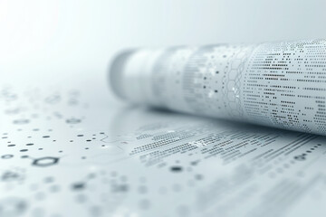 Abstract image of a punch card with floating binary code merging into the background, against a white backdrop,