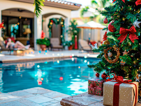 Christmas decorations by the pool in a tropical setting