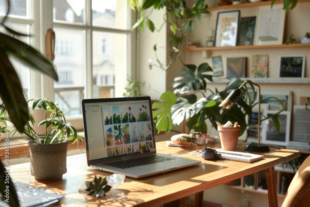 Poster professional home office setup with laptop displaying remote training session for productivity