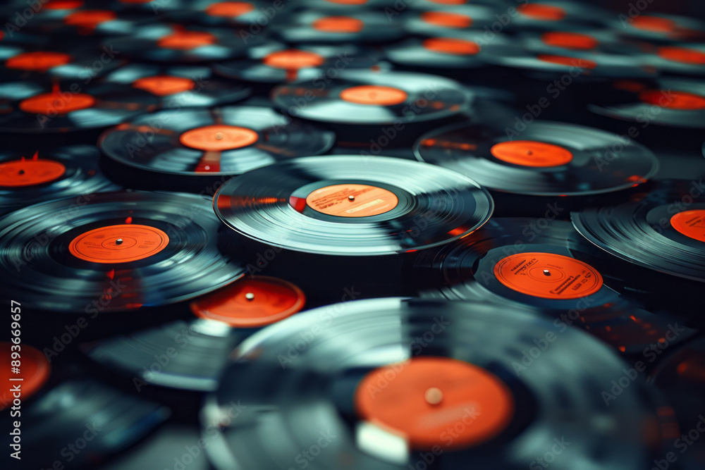 Poster minimalist design featuring floating vinyl records arranged in a surreal pattern, on a dark backdrop