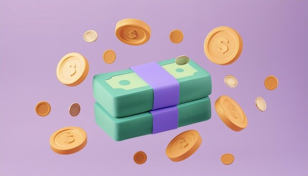 Bundles cash and floating coins around on purple background. money-saving, cashless society concept. 3d render illustration
