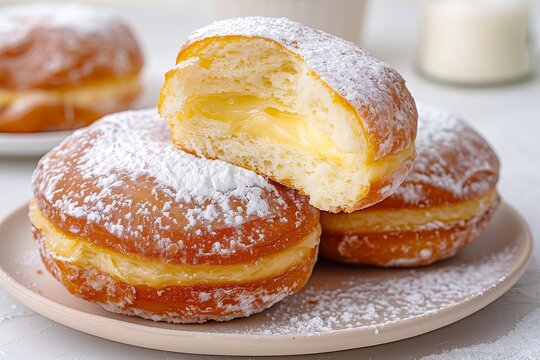 Fluffy sweet paczki muffin with creamy filling powdered with sugar on the pink plate