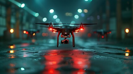 Drone with Night Vision Conducting Surveillance in Dark Industrial Complex