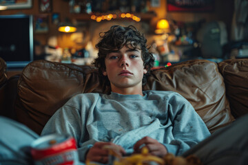 Obraz premium Male teenager with curly hair lounges on a sofa, watching TV in comfortable clothes. Snacks and drinks surround him, creating a cozy atmosphere