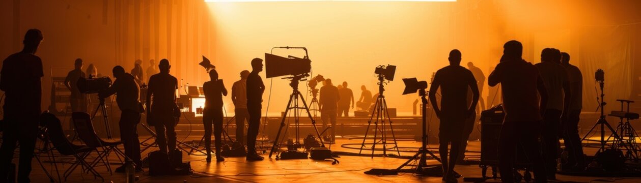 Silhouettes of a film crew working on set with bright lighting, capturing the essence of movie production and behind-the-scenes action.