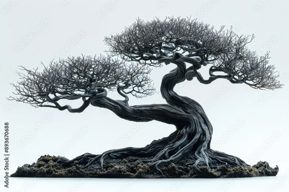 Poster surreal composition of a tree with its roots forming intricate patterns, set against a plain white b