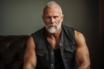 Obraz premium Portrait of a merry man in his 50s wearing a rugged jean vest isolated in modern minimalist interior