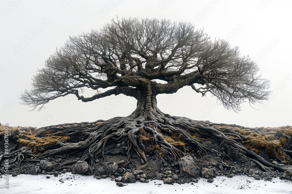 Poster surreal composition of a tree with its roots forming intricate patterns, set against a plain white b