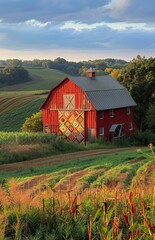 Obraz premium Red Barn With Quilt Pattern in Rural Setting