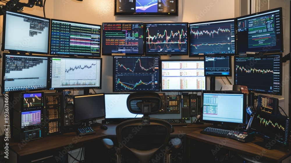 Poster sophisticated trading setup with multiple screens displaying commodity platforms and market trends