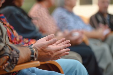 Obraz premium A group of people sitting in chairs, talking and holding hands for support The focus is on the hand gestures between two individuals as they share their experiences Generative AI