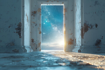 Surreal portrayal of a door opening to a starry night sky, set against a light gray backdrop,