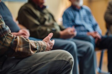A group of people sitting in chairs, talking and holding hands for support during therapy or cinema class The focus is on the close-up view of their hands as they share ideas Generative AI