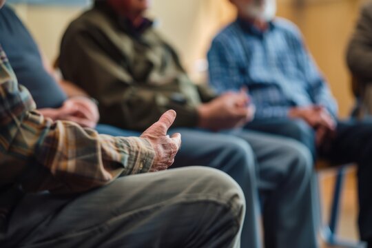 A group of people sitting in chairs, talking and holding hands for support during therapy or cinema class The focus is on the close-up view of their hands as they share ideas Generative AI