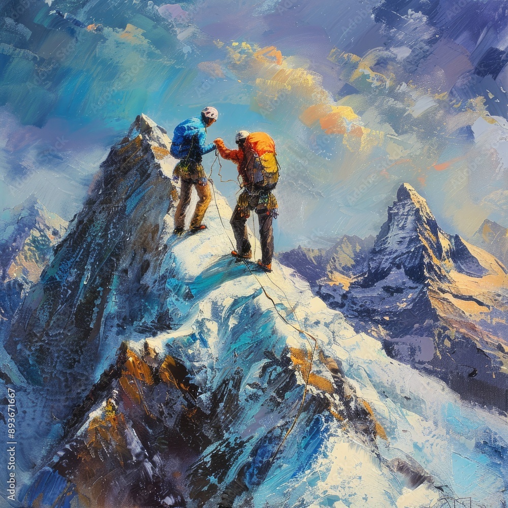 Poster two climbers clasping hands in solidarity as they conquer a formidable peak, symbolizing the strengt