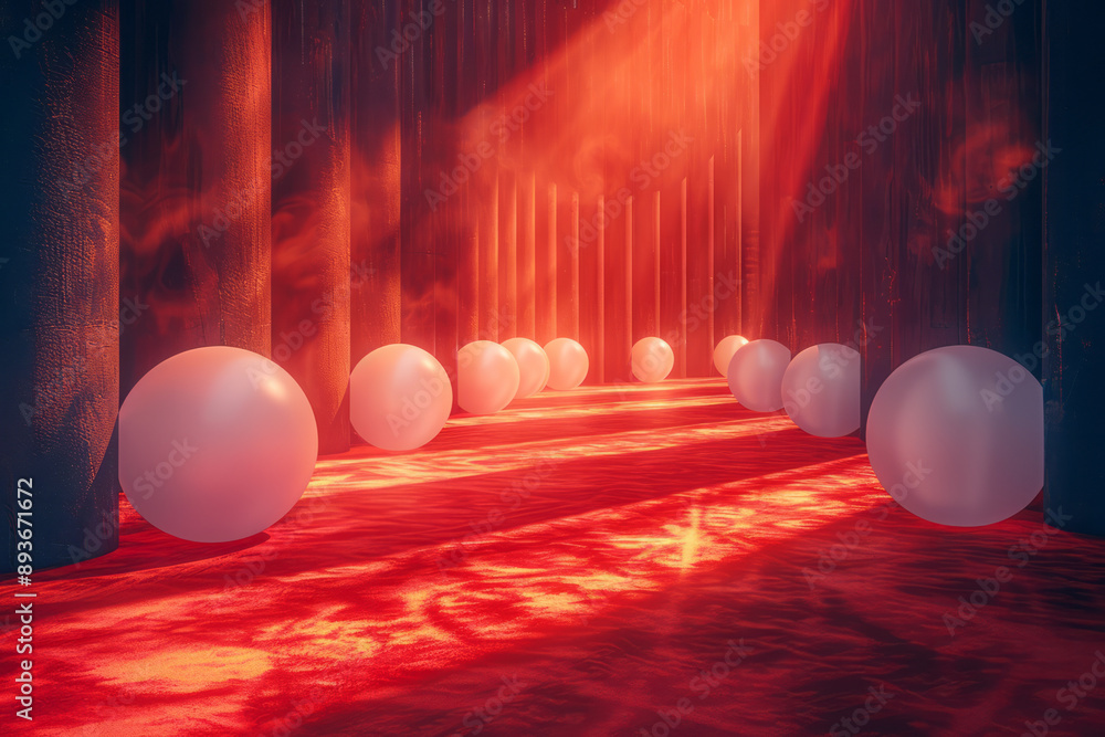 Poster minimalist design featuring a red carpet with floating orbs of light, against a dark backdrop,