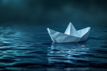 Obraz premium Minimalist abstract image of a paper boat floating on an invisible stream, on a black background,