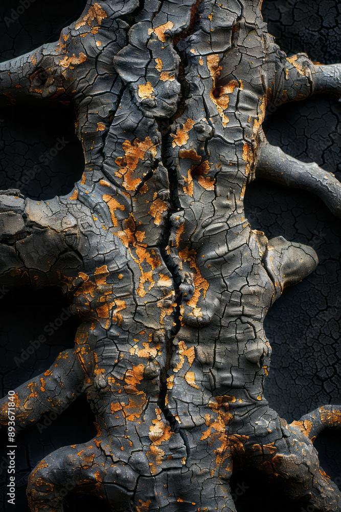 Poster abstract image of a tree with roots forming intricate patterns, on a black backdrop,