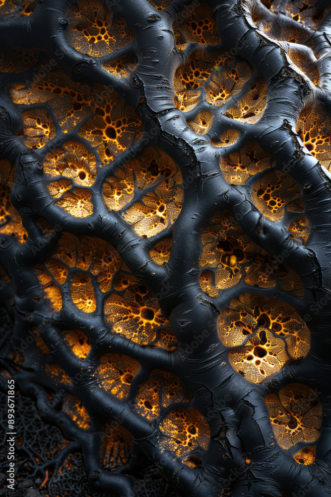 Poster abstract image of a tree with roots forming intricate patterns, on a black backdrop,