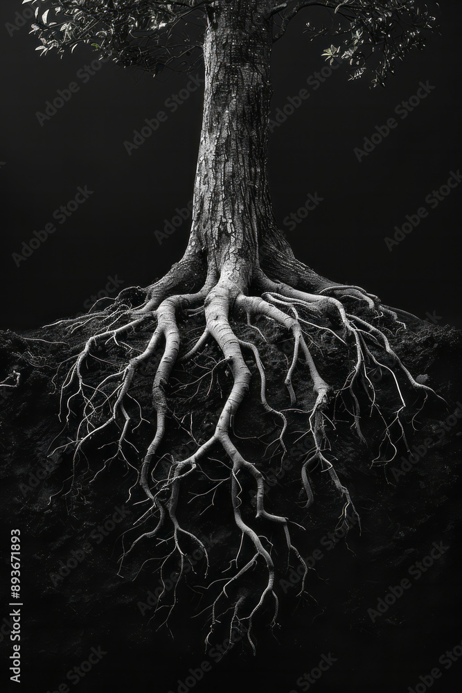 Poster abstract image of a tree with roots forming intricate patterns, on a black backdrop,