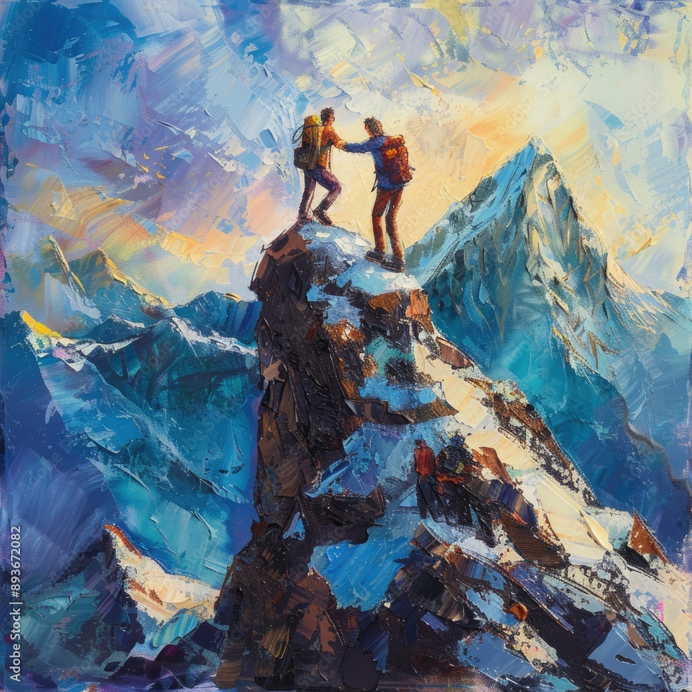 Poster two climbers clasping hands in solidarity as they conquer a formidable peak, symbolizing the strengt