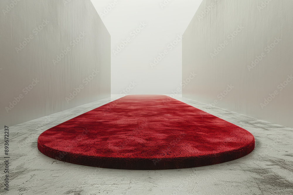 Poster a minimalist surreal image of a red carpet floating in mid-air, set against a plain white background