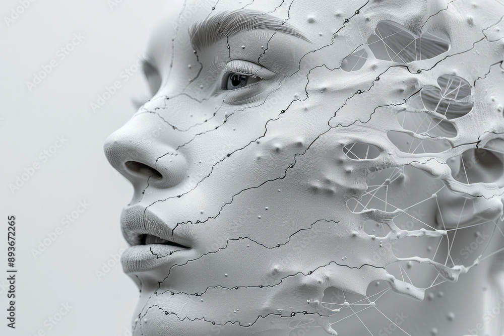 Poster minimalist design featuring an abstract face with lines indicating injection sites, against a light 