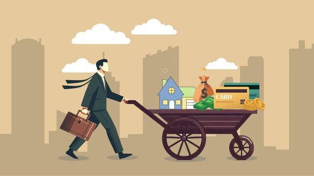 Animation of a businessman pushing a wheelbarrow filled with money, house, and credit cards, symbolizing wealth and financial success.