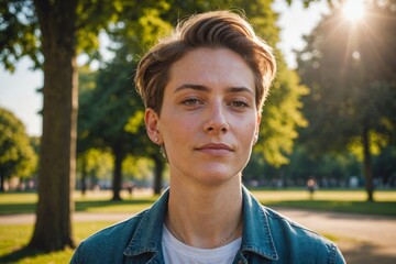 Portrait of Relaxed androgynous non-binary person enjoying sunlight in a London park. Her eyes are closed, pride and diversity concept.