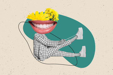 Composite collage image of funny female toothy smile stomatology tie shoelaces flowers nature...