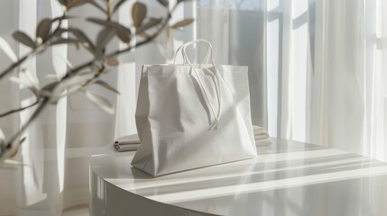 Stylish Outfit Arranged in Shopping Bag on Minimalist Table for a Modern Look