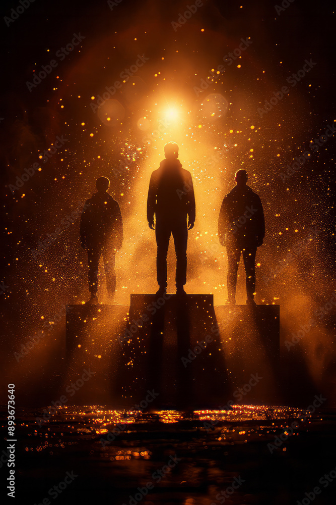 Poster abstract depiction of a podium with three athletes, using simple lines and minimal detail to indicat