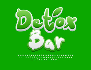 Vector eco signboard Detox Bar. Funny White and Green Font. Bright Handwritten Alphabet Letters and Numbers set.