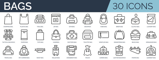 Set of 30 outline icons related to bags. Linear icon collection. Editable stroke. Vector illustration