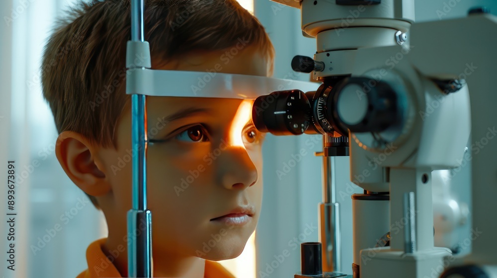 Poster examination of the child using a slit lamp. microscope and focused light source. a device for high-p