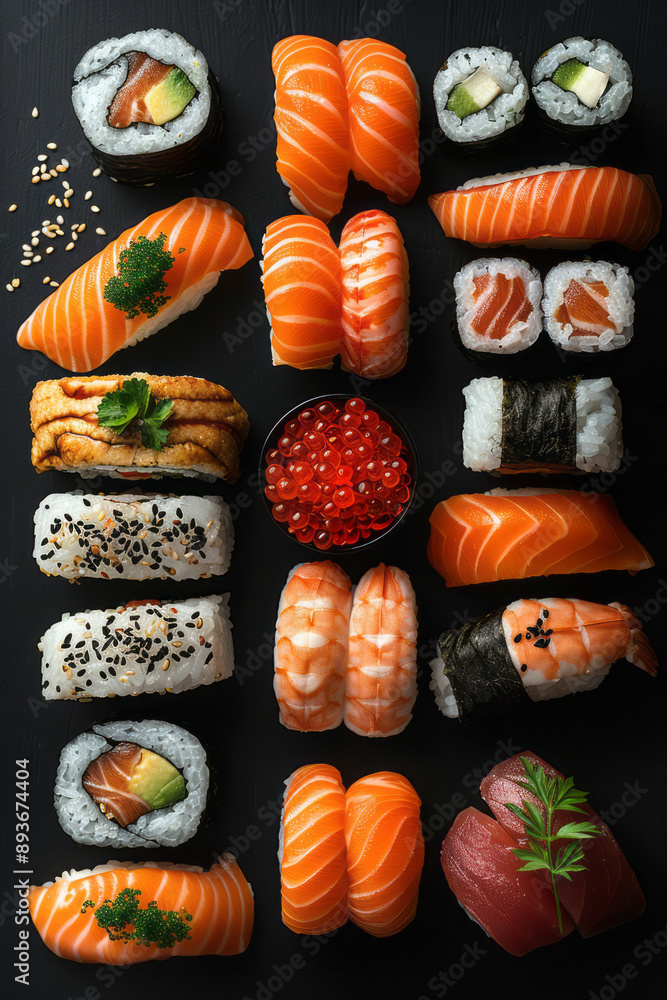 Poster minimalist design featuring a sushi roll icon that transforms into a grid of animated food icons, on