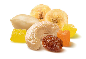 Peanut, cashew nut, candied fruit, raisins and banana chips isolated on white background