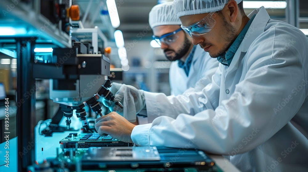 Poster high tech electronics lab with engineers assembling circuit boards for industry concept