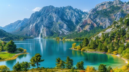 Scenic mountain landscape with a crystal-clear lake, lush greenery, and a beautiful sky, perfect for nature and travel enthusiasts.