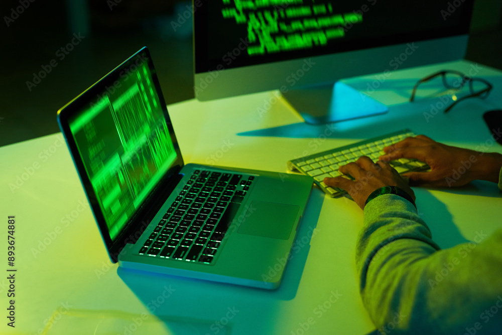 Poster hands, person or hacker stealing on computer for cybercrime scam, malware or phishing for online dat
