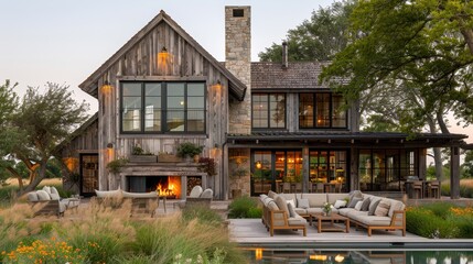 Charming rustic house with cozy outdoor seating and modern amenities, surrounded by lush greenery and natural landscape.