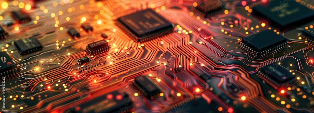 Poster close-up of an electronic circuit board with glowing components and intricate pathways, showcasing t