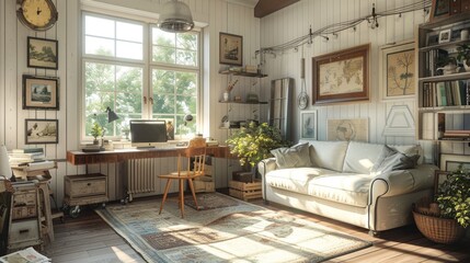 Fototapeta premium Modern Farmhouse Workspace: Blend of New and Vintage Decor for Cozy Ambiance