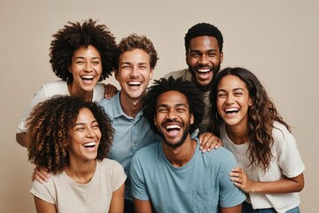 Obraz premium Portrait of a multiracial group of people laughing on a neutral background.