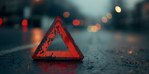Close-up of a red emergency warning triangle placed on a wet road at night, with blurred lights in the background