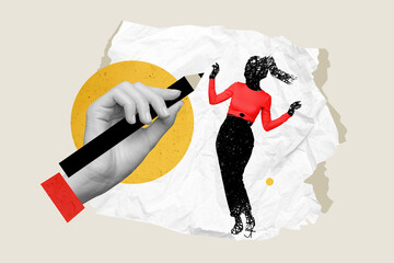 Composite collage image of hand hold pencil have fun drawing writing character unusual fantasy...