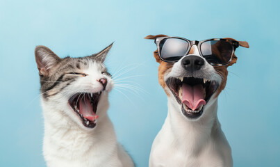 Yawning cat and laughing dog with sunglasses on blue background